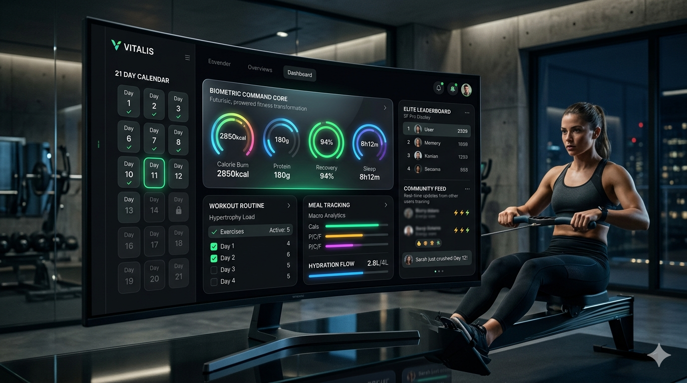 Tide biometric command core dashboard showing 21-day calendar, calorie burn, protein, recovery and sleep metrics
